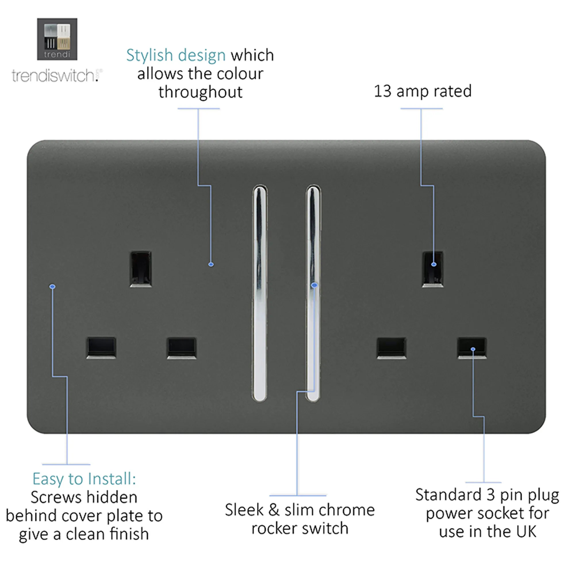 2 Gang 13Amp Long Switched Double Socket Chrome Rocker Charcoal Finish ART-SKT213LCH  Trendi Charcoal